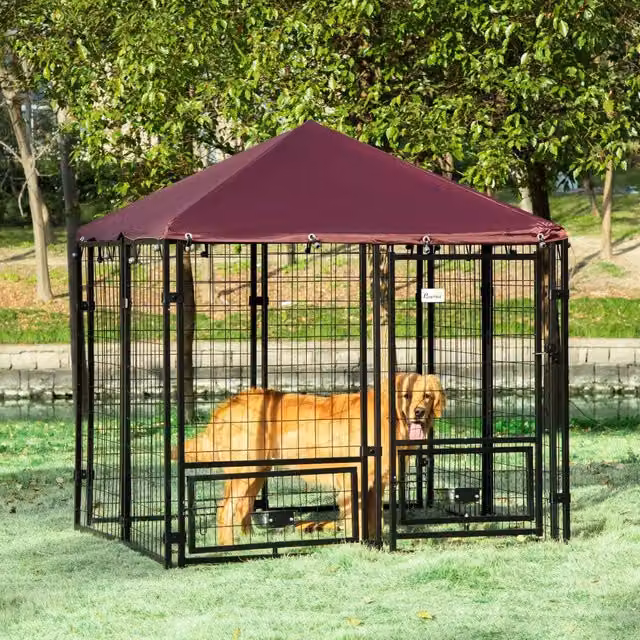 Recinto per cani da esterno GIORDANOSHOP con serratura, 2 ciotole girevoli e copertura rimovibile, nero e rosso, L 141 cm x P 141 cm x H 153 cm