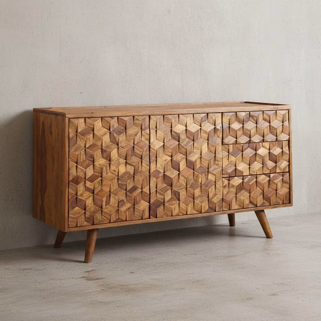Credenza 138x76x45 cm in legno massello di sheesham con ante e cassetti, comò moderno in legno, mobile soggiorno