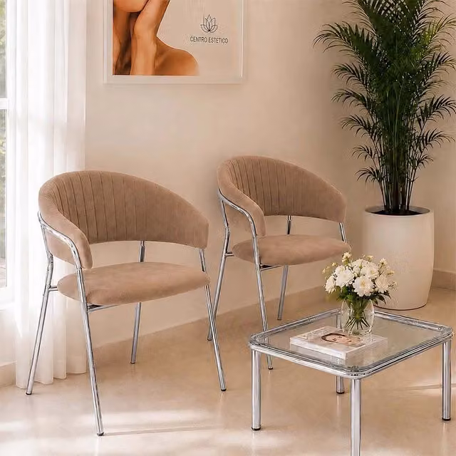 Set da 2 sedie Aurelia in velluto grigio tortora con gambe in metallo cromato per soggiorno e sala da pranzo