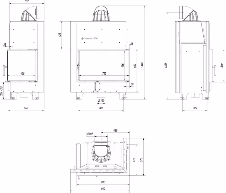 Inserto camino in acciaio KRATKI MBO destro 15 kW Ø 200 vetro curvo rivestimento nero