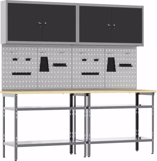 Set banco da lavoro vidaXL 8 pz in metallo con pannello forato e altezza regolabile, Nero e Grigio – 1