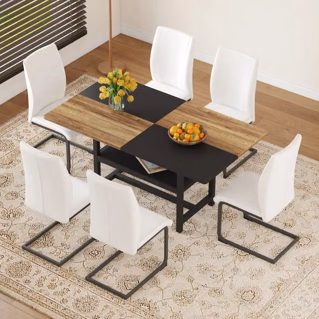 Tavolo da pranzo per 6 persone con ripiano contenitore, 6 sedie, in MDF e metallo, bianco e legno, 160 × 90 × 76 cm
