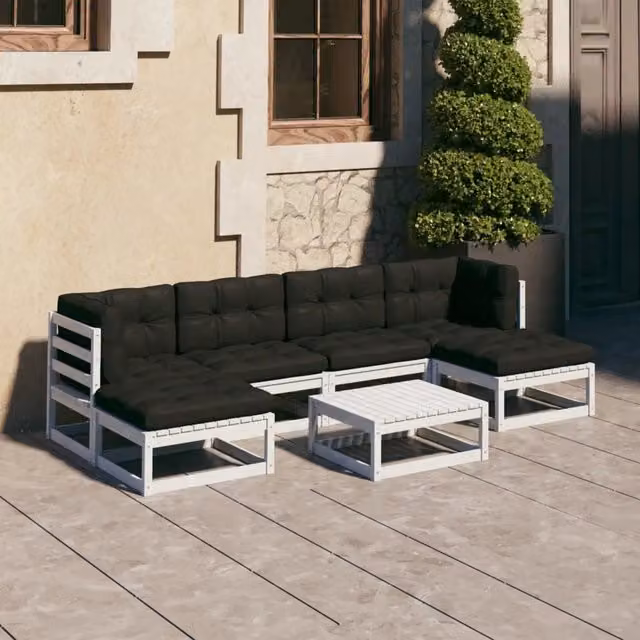 Set Salotto Giardino 7pz con Cuscini Bianco Legno Massello Pino 3077120