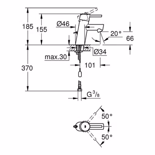 Grohe Concetto Mitigeur monocommandé pour lavabo, S-Size, fonction d'économie d'énergie, saillie 101mm, chaînette escamotable, chrome, 3220610E, 3220610E