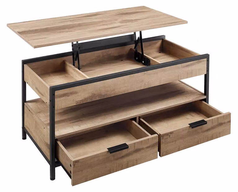 Tavolino con cassetti, ripiano e altezza regolabile, realizzato in pannello di particelle e acciaio, dimensioni 50 x 100 x 48–63 cm
