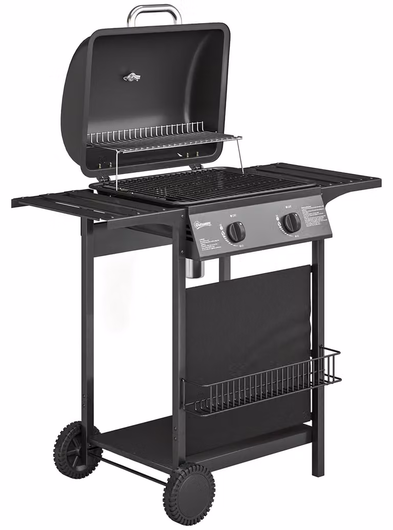 Griglia a gas con 2 bruciatori, potenza 5 kW, completa di carrello | Colore: nero | Dimensioni: 99x56x95 cm