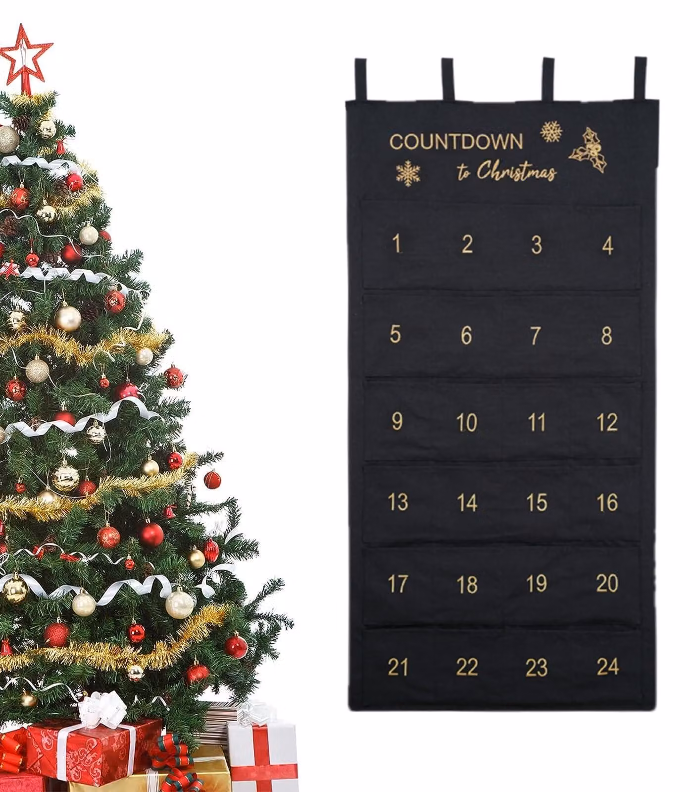 Calendario dell'Avvento da appendere, calendario di Natale in tessuto con 24 scomparti per decorazioni natalizie (BlacK)