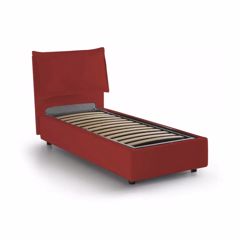 Letto singolo contenitore Azzurrino di Talamo Italia con rivestimento in tessuto rosso e apertura frontale, adatto per materasso 80x200 cm – 2