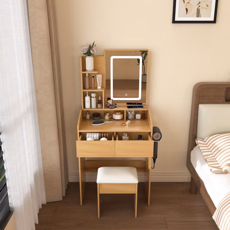 okwish: Comodino da trucco con specchio a LED e presa di corrente, tavolino da trucco con cassetti e poggiapiedi, ideale per camere da letto più piccole, finitura naturale