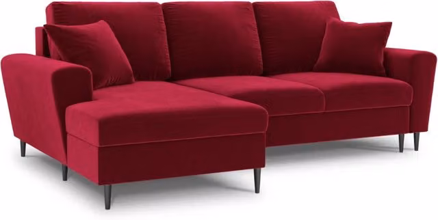 Divano angolare convertibile Kyoto di Cosmopolitan Design con contenitore, modello a 4 posti in velluto rosso, lato sinistro, L 241 cm x P 145 cm x H 88 cm