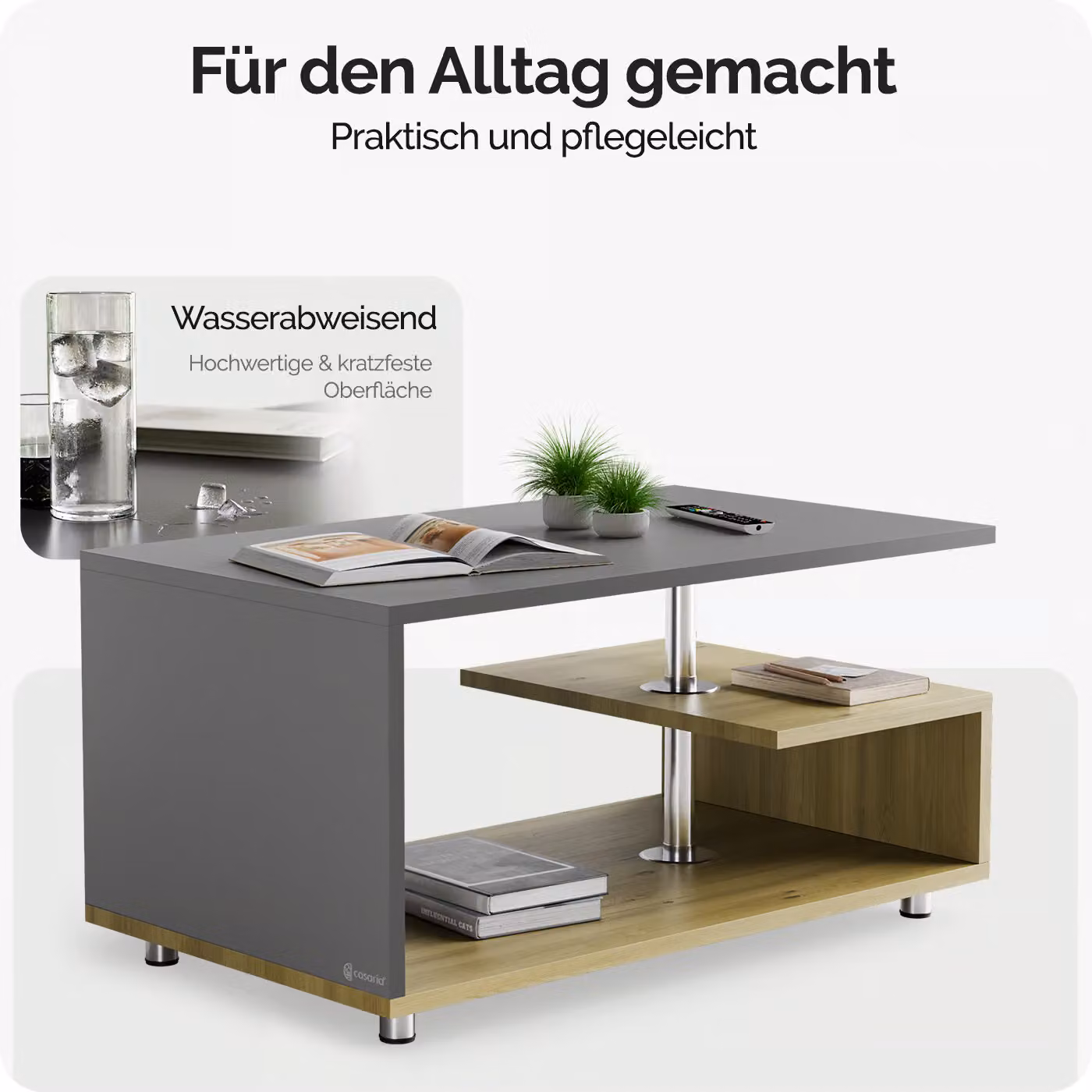 Tavolino Orlando CASARIA moderno in legno e metallo grigio e marrone L/P/H: 95 x 55 x 50 cm – 3