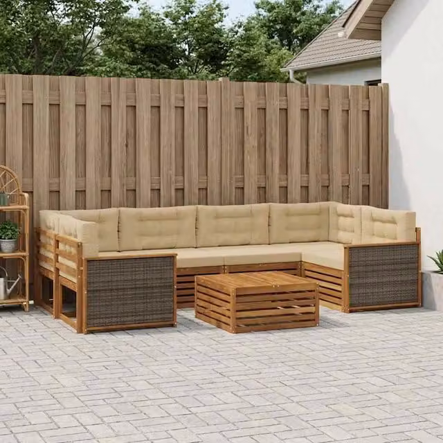 Set di divani da esterno vidaXL a forma di L composto da 7 pezzi con tavolino da caffè, in legno di acacia trattato e tessuto beige e sabbia