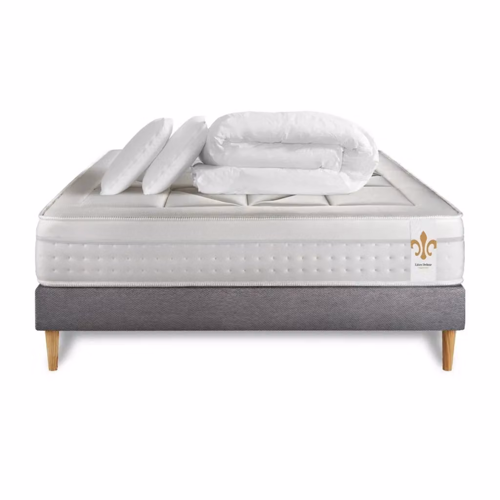 Pacchetto letto completo Vingt-Huit con materasso ibrido, box spring imbottito, doghe, 2 cuscini e piumino, colore bianco, L/P: 180 x 200 cm – 2