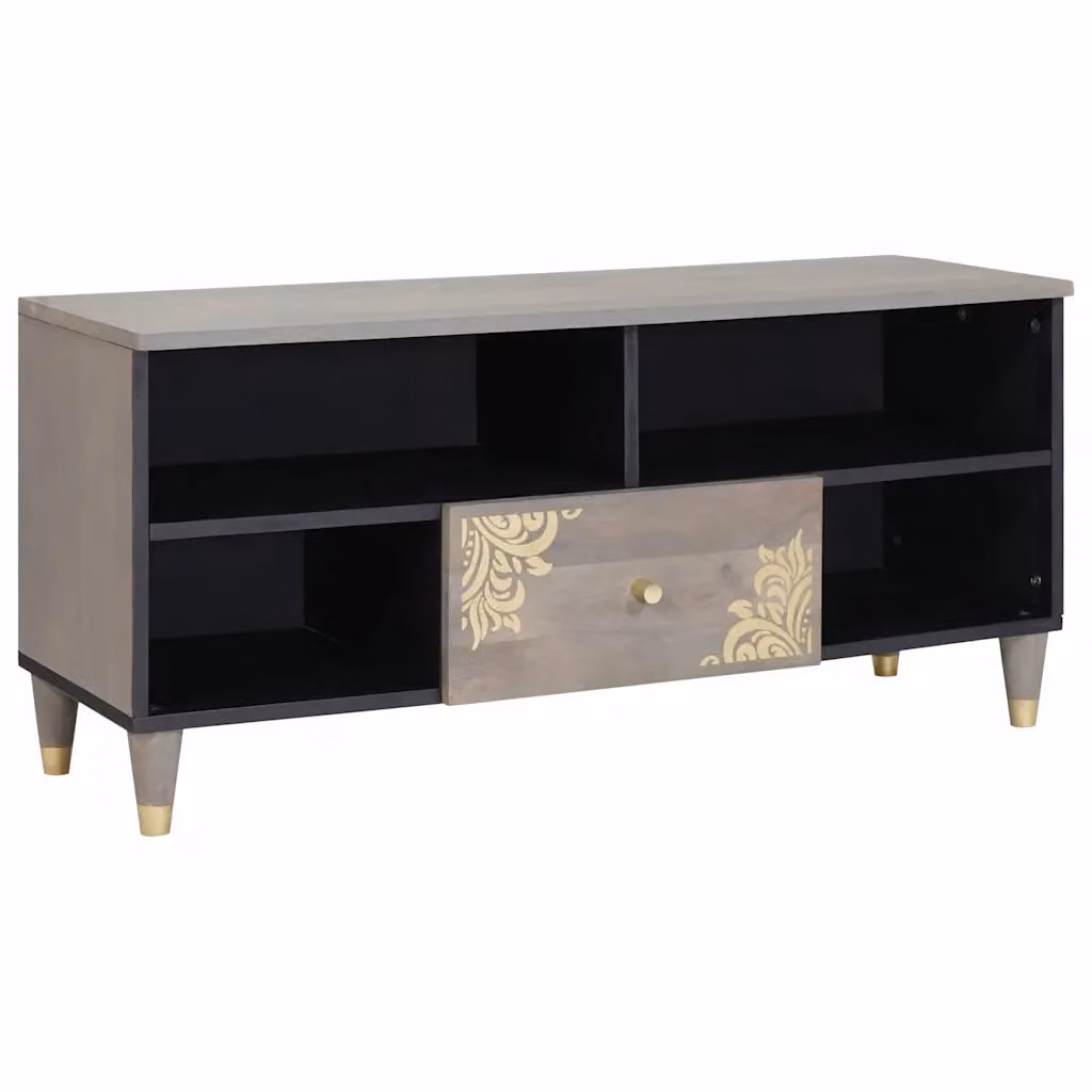 Mobile TV moderno vidaXL in legno di mango massello, Grigio e Oro, L 100 x P 33 x H 46 cm