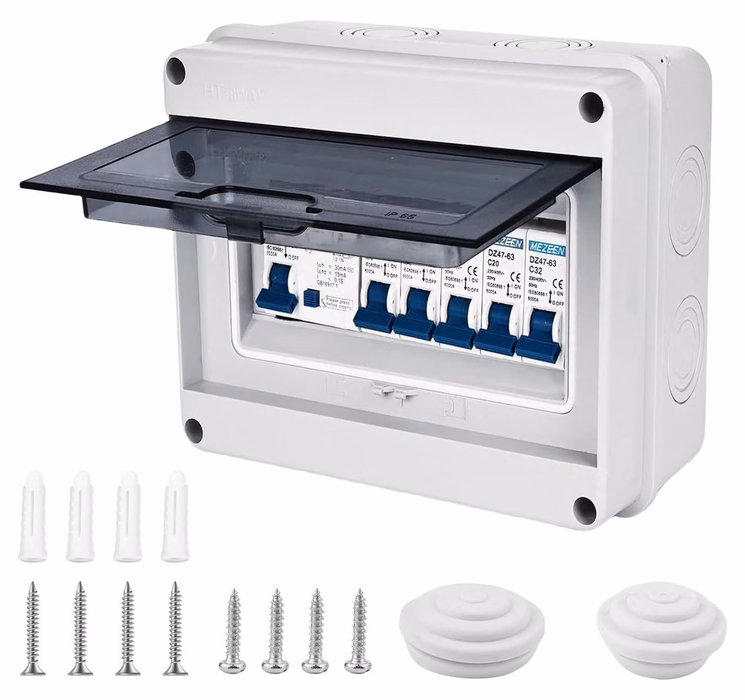 Quadro elettrico a parete, grado di protezione IP65, con interruttore di sicurezza, interruttore magnetotermico da 63A, 4 vie