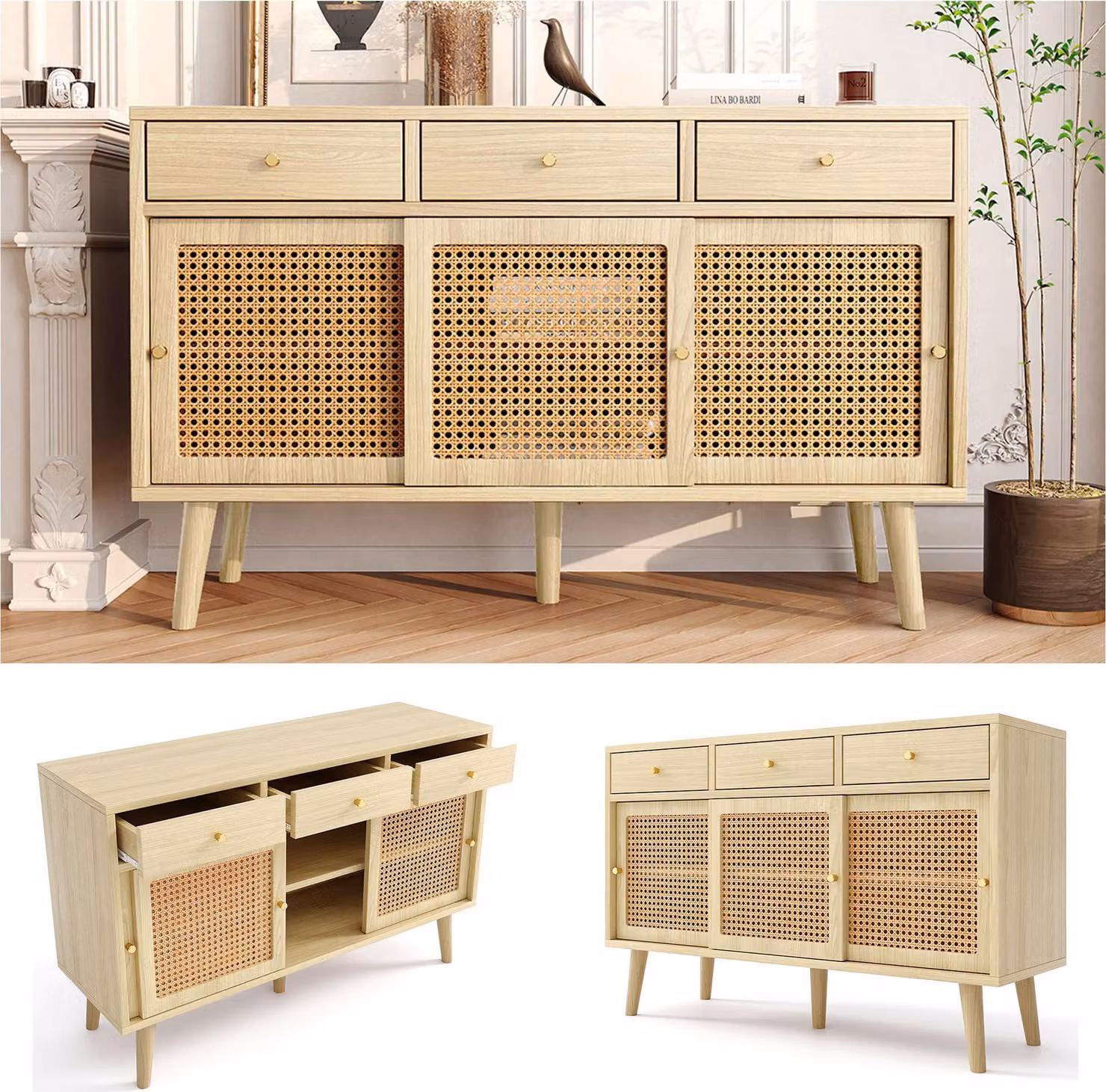 Credenza, cassettiera con 3 cassetti e 3 ante scorrevoli, intreccio in rattan sui frontali delle ante, gambe in legno massello, maniglia a staffa in metallo dorato