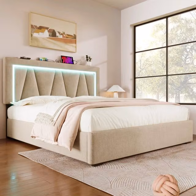 Letto contenitore matrimoniale OKWISH in lino beige con materasso ibrido incluso, dotato di porte USB, luci LED regolabili e base a sollevamento, L/P/H: 140 x 200 x 106,5 cm