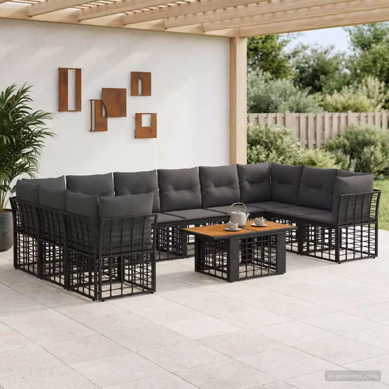 Set Divano da Giardino vidaXL 11 pz a forma di U in Polyrattan con Cuscini e Tavolino, Nero e Grigio