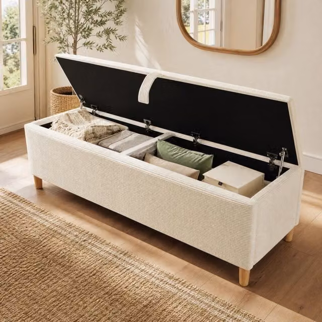 Letto 180x200 cm con LED e contenitore, panca in velluto a coste beige, effetto rovere