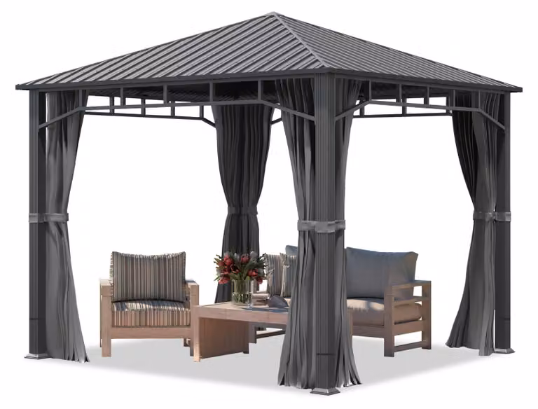 TOOLPORT Gazebo da giardino 3x3 m tetto hardtop in acciaio 4 teli laterali color grigio, profilo ca. 90x90 mm