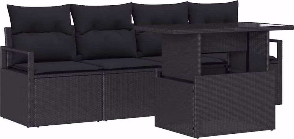 Set Divano da Giardino con cuscino 5 pcs Nero Poly Rattan