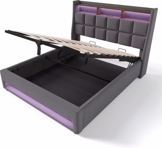 Letto imbottito DESMIU 160x200 cm con LED e porte USB, struttura in lino e metallo, senza materasso