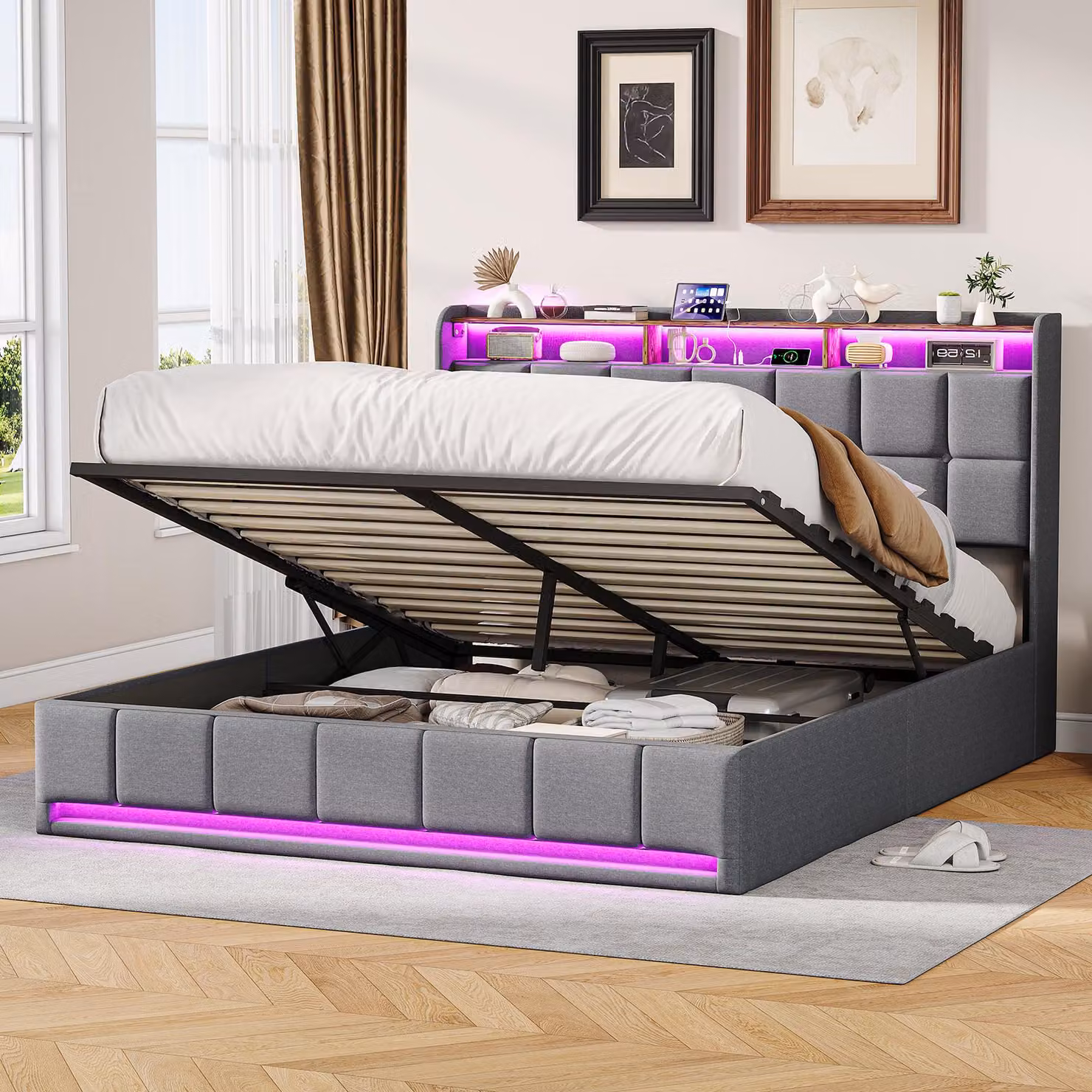 Letto imbottito ProximaX 160x200 cm in lino grigio, letto boxspring, letto con stazione di ricarica USB e illuminazione a LED