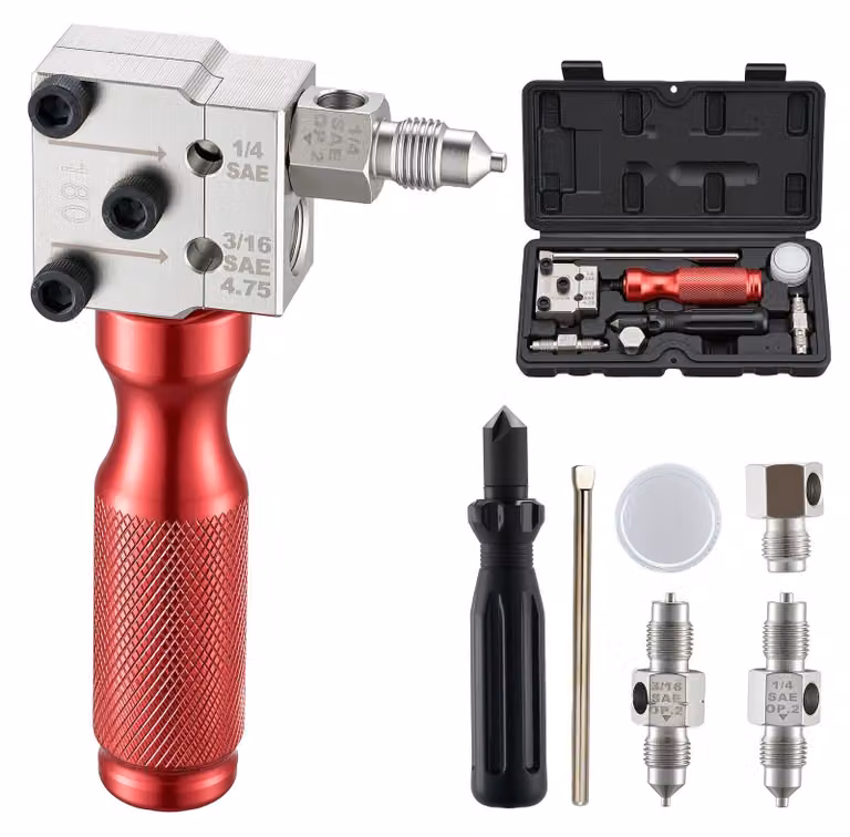 Attrezzo per crimpare tubi e tubi freno - Kit di riparazione, 6 pezzi - Angolo di crimpatura 45° - Crimpatura singola e doppia - Allargatore per tubi - Due matrici per tubi da 4,75 mm e 6,35 mm - Per veicoli