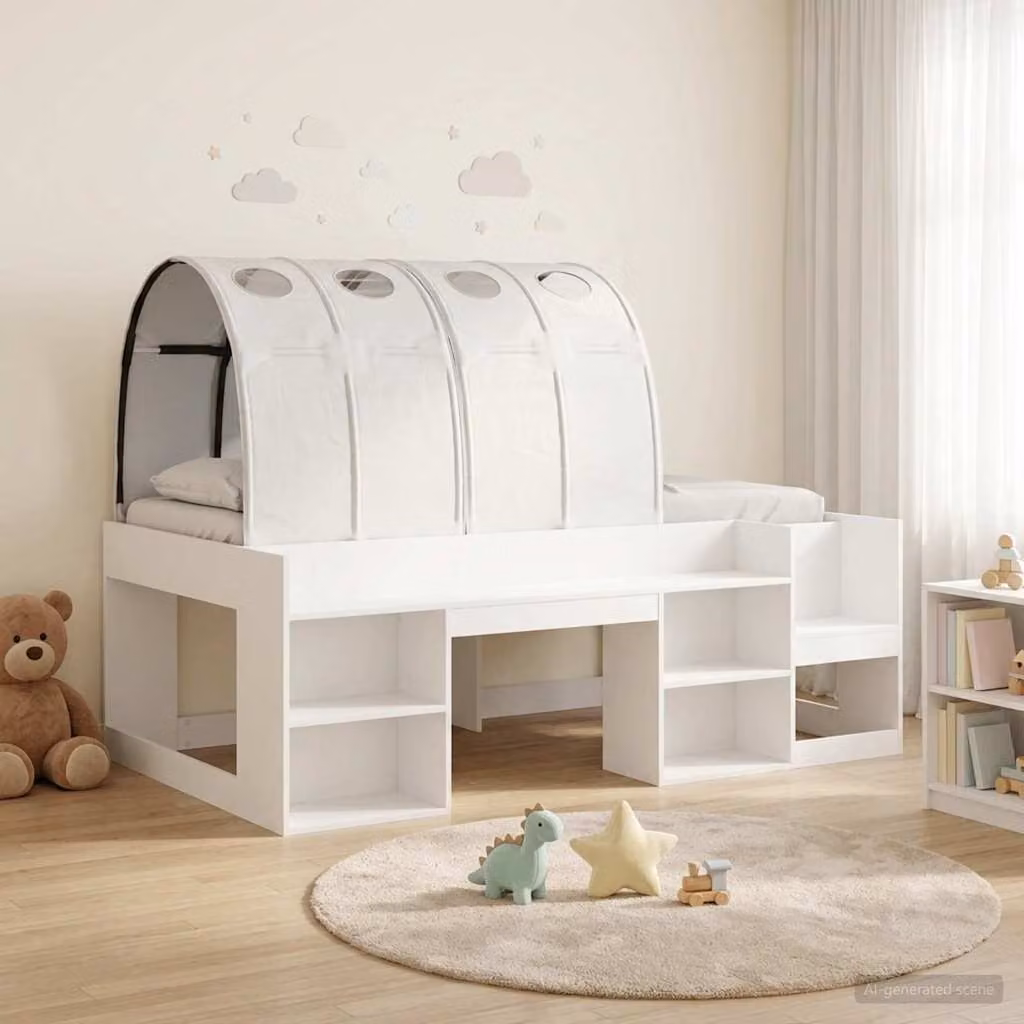 Letto singolo per bambini vidaXL con struttura a casetta e tunnel, colore bianco, in legno ingegnerizzato, L/P/H: 200 x 127 x 95 cm