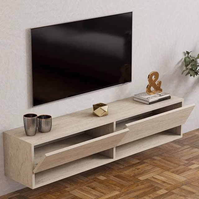 DMORA Mobile Porta TV Olmi con 2 Ripiani, Design Moderno, Beige, L: 141 cm, P: 30 cm, H: 31 cm – 1