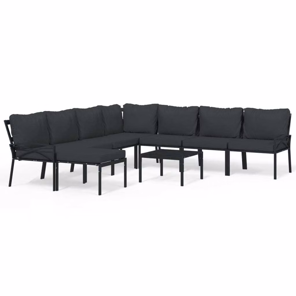 set 9 pezzi per salotto da giardino con cuscini in acciaio grigio