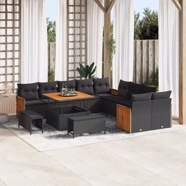 Set Divano da Giardino vidaXL a Forma a U con 13 Pezzi, Nero, con Cuscini e Tavolino da Caffè – 1