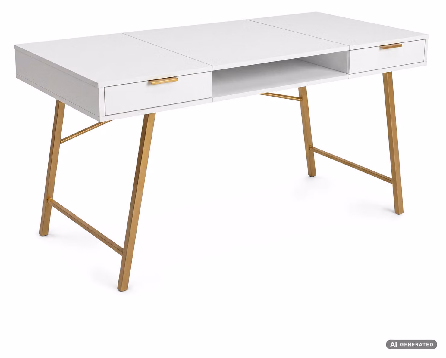 Scrivania industriale per computer Bianca ARDEN 120 cm 2 cassetti 1 ripiano gambe dorate