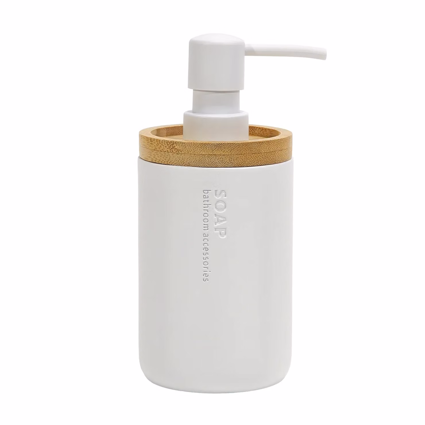 Dispenser per sapone Vestiamo Casa in poliresina e bamboo, colore bianco, capacità 280 ml, H 17 x L 7,5 x P 7,5 cm – 1