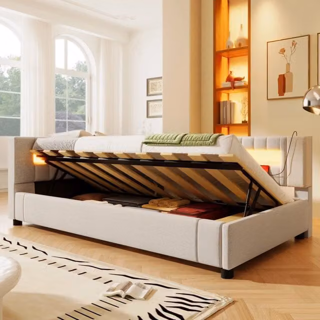 Letto contenitore Mivray con vano idraulico, illuminazione LED e porte USB/USB-C, rivestito in lino beige, L/P/H: 90 x 200 x 103,5 cm