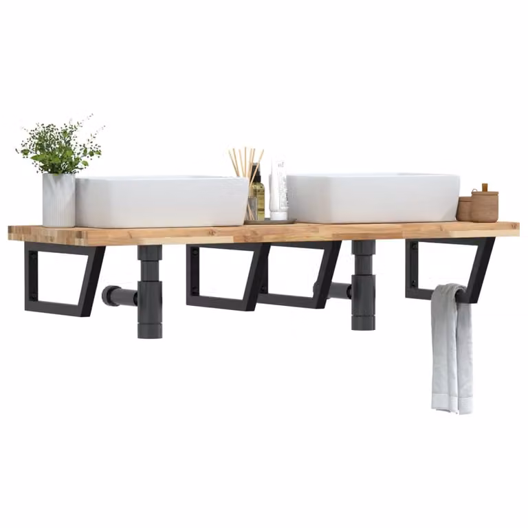 vidaXL Ripiano a Parete per Lavabo in Accacia e Metallo, Nero e Marrone, L: 140 cm, P: 50 cm, H: 24 cm