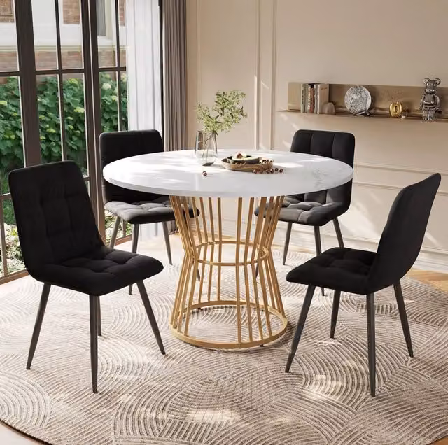 Set da pranzo 5 pezzi con tavolo rotondo 100 cm in MDF bianco e gambe in metallo dorato, 4 sedie in velluto nero