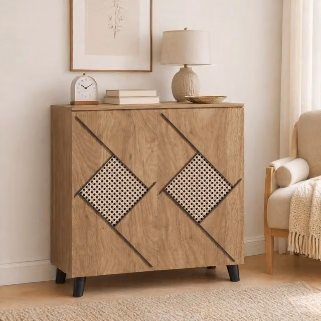 Scarpiera moderna con motivo rattan e ante a battente in colore marrone, L: 80 cm, P: 31 cm, H: 91 cm