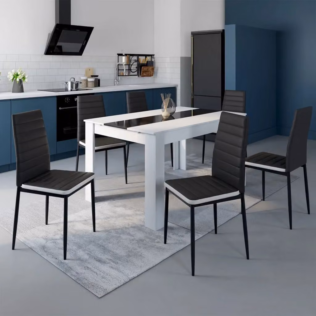Set di 6 sedie da pranzo ROMANE IDMarket nere con fascia bianca in similpelle e struttura in metallo – 2