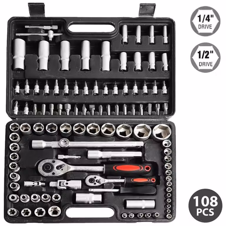 Kit di utensili - Set di chiavi a bussola con cricchetto, 108 pezzi - Per la riparazione di automobili - Chiave dinamometrica - Punte per cacciaviti