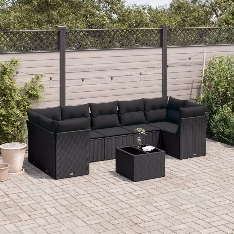Set Divani da Giardino a L vidaXL in Polyrattan Nero con Cuscini e Tavolino da Esterno
