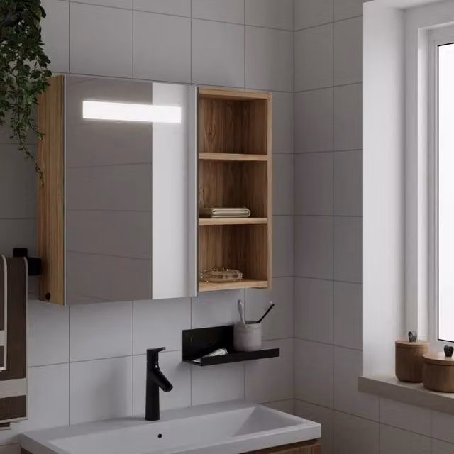 Armadietto da bagno con specchio e illuminazione LED vidaXL in rovere marrone, L: 60 cm, P: 13 cm, H: 52 cm