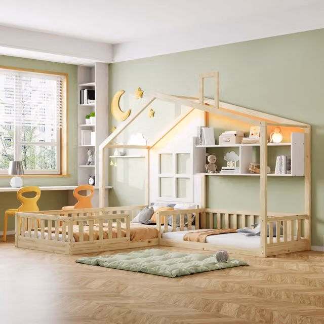 letto per bambini in legno massello e mdf bianco naturale 204.5 x 242 cm