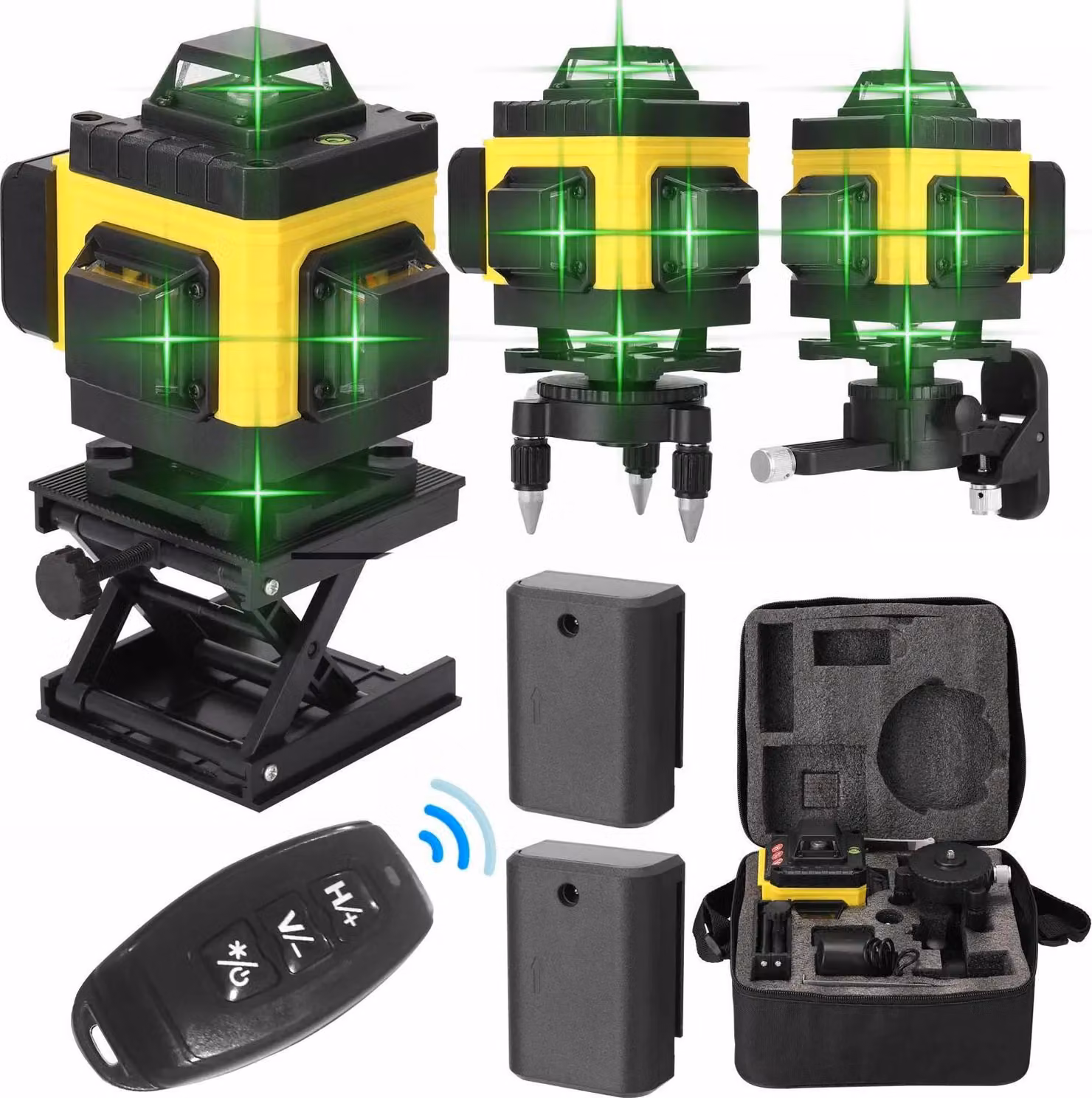Laser a linee incrociate - 4D 16 linee tipo A - Laser verde - Autolivellamento 3° - Verticale e orizzontale - Batteria agli ioni di litio - Camel