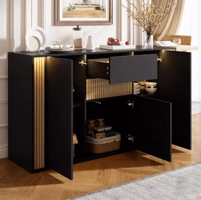 Credenza con 3 ante; 1 cassetto e illuminazione LED regolabile 140x40x82 cm; nero e naturale