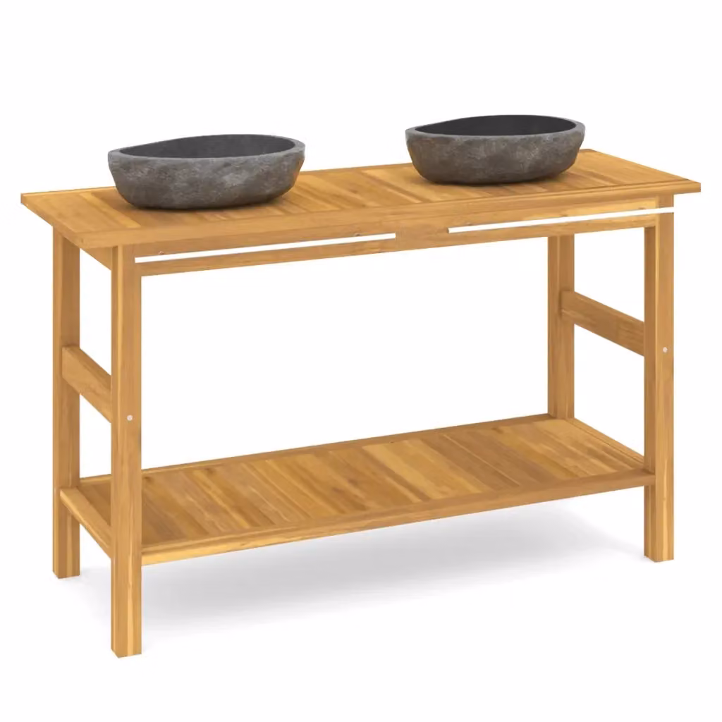 Mobile Vanità Bagno vidaXL in Teak con Lavandini in Pietra Fiume Marrone e Nero L/P/H: 132 x 75 x 45 cm – 2