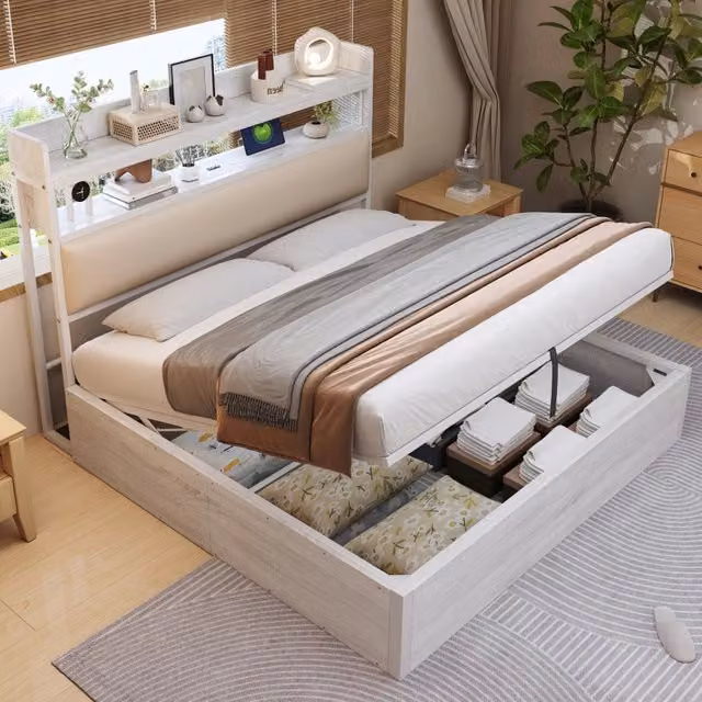 letto con contenitore metallo legno tessuto bianco 180 x 200 cm