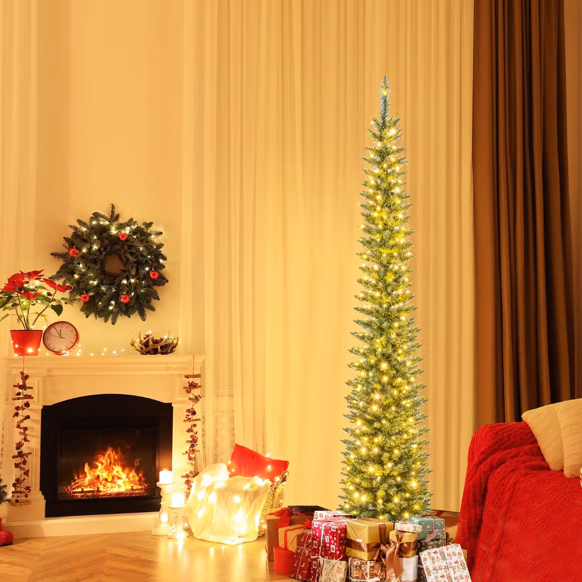 Albero di Natale artificiale slim Costway verde in PVC con luci LED bianco caldo, Altezza: 210 cm