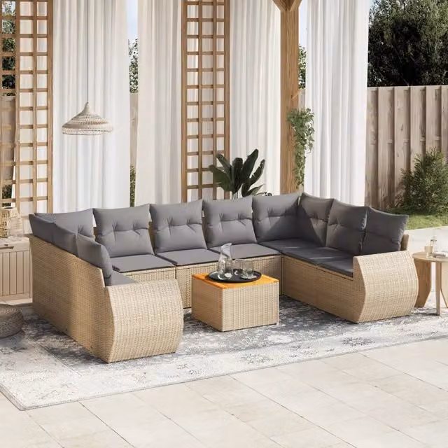 Set Divano da Giardino 10 pz con Cuscini Beige in Polyrattan 3225149