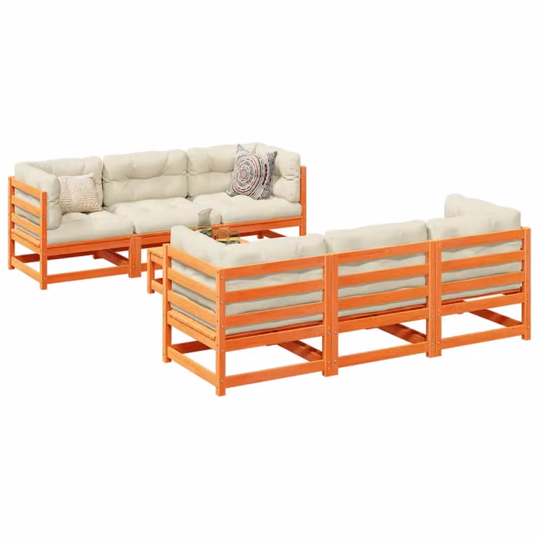 Set di divani da giardino vidaXL in legno massello di pino con cuscini marrone e beige, composto da 7 pezzi in stile rustico